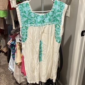 Floral Embroidered Mini Dress in Green and White